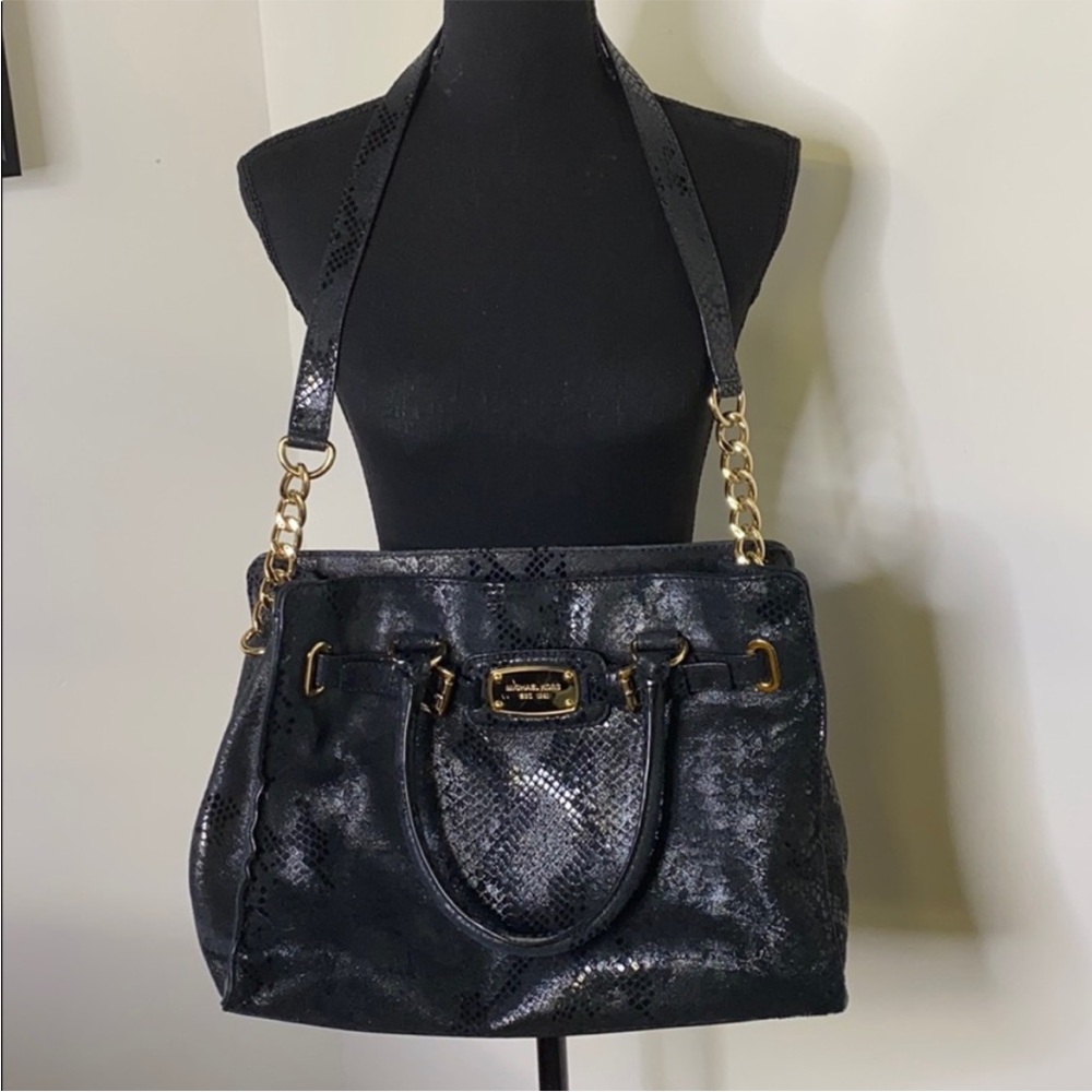 🌺MICHAEL KORS🌺Hamilton🌺Python Embossed Leather🌺Satchel🌺Black Bag🌺